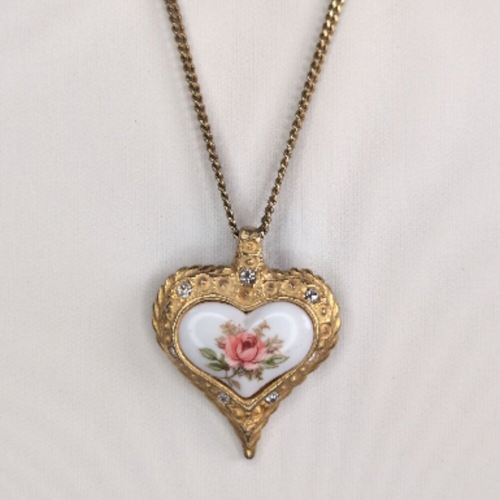 Vintage Saint Valentine Heart Necklace W/ Porcelain Rose & Rhinestone Accents